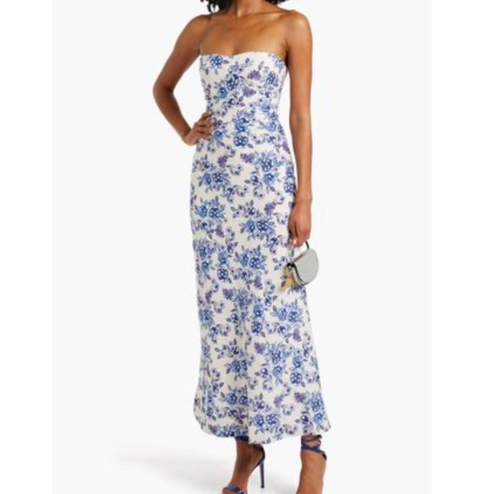 bec + bridge Blue and White strapless dress